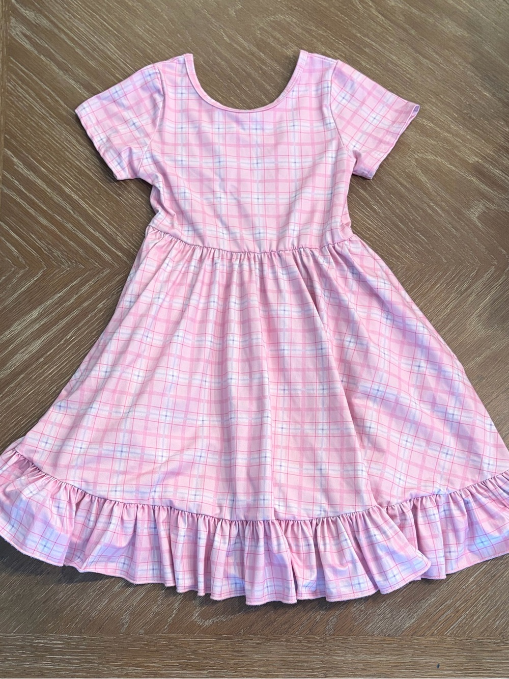 Little Stockings Girlhood Pink and Light Purple Plaid Ruffle-Hem Twirl Dress